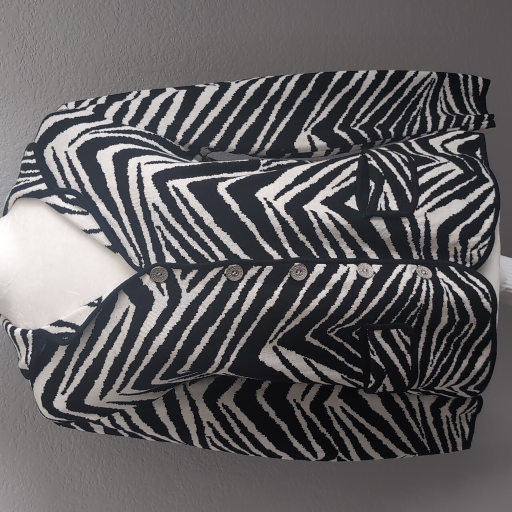 Chico's Size Small Black and White Stripe Silk Blend Sweater Silver Buttons - Picture 1 of 5